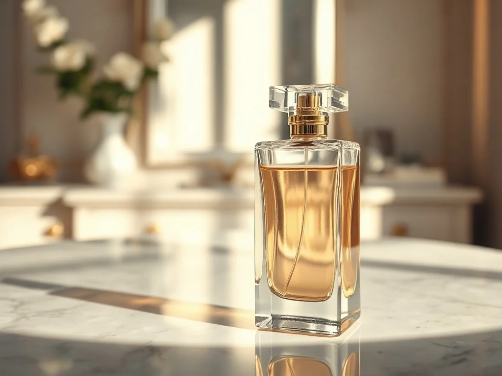 Elegancki flakon perfum La Rive Her Choice na marmurowym blacie w otoczeniu kwiatów i ciepłego, naturalnego światła.
