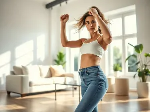 Uśmiechnięta kobieta ćwicząca z hula-hop w jasnym salonie, obrazująca efekty regularnego treningu.
