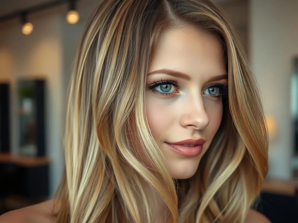 Kobieta z modnym efektem ciemnych odrostów płynnie przechodzących w jasny blond w nowoczesnym salonie fryzjerskim.