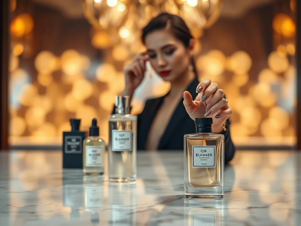 Elegancka kobieta trzymająca luksusowy flakon perfum Carolina Herrera na tle stylowej, złoto-czerwonej aranżacji.