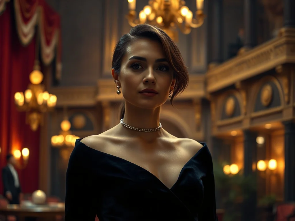 Elegancka kobieta w welurowej sukni w luksusowym foyer teatru, prezentująca szykowną stylizację na wieczorny spektakl.