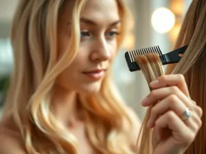 Kobieta wykonująca manicure w domu przy użyciu żelu do skórek i drewnianego patyczka na estetycznym marmurowym blacie.