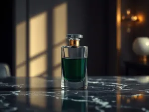 Elegancki flakon perfum La Rive Her Choice na marmurowym blacie w otoczeniu kwiatów i ciepłego, naturalnego światła.